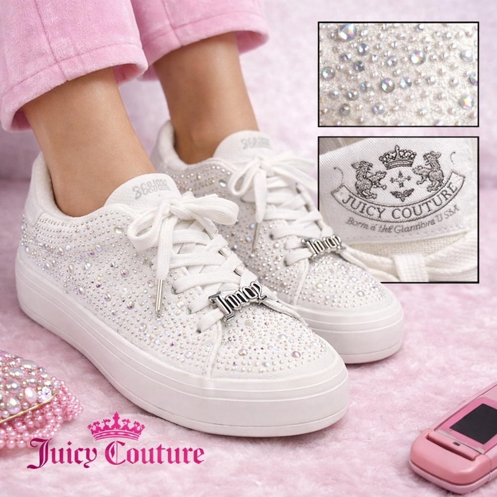 Juicy Couture White Crystal Embellished Sneakers Size 8 Silver Charm Platform